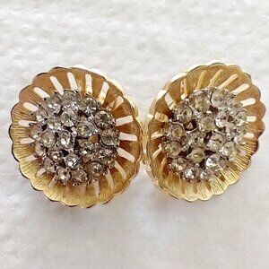 Vintage Clip Earrings 1960s White Rhinestones Brushed Gold Tone Metal